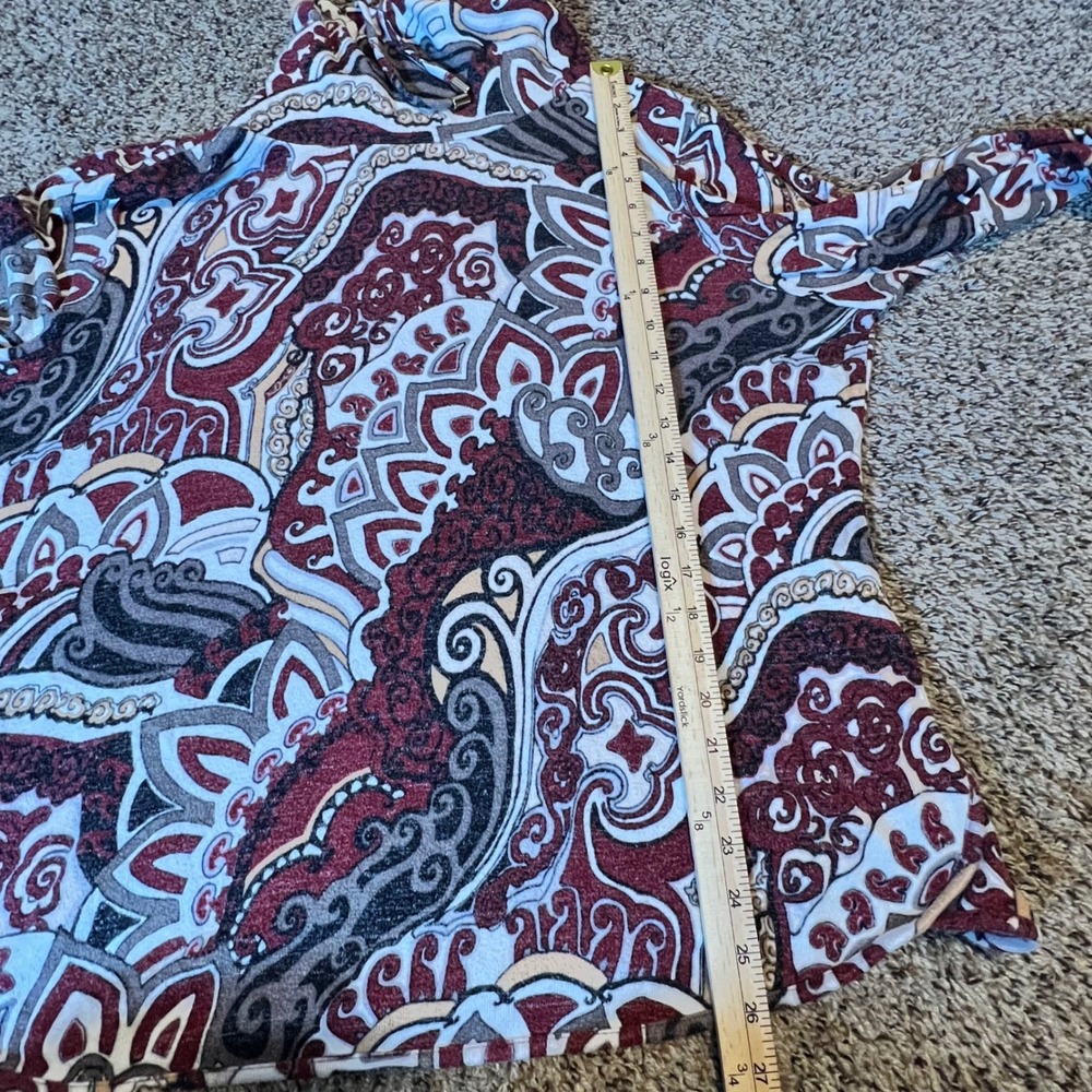 Chicos Weekends Paisley Cowl Neck‎ Top Burgundy Grey 3/4 Sleeve Size 3 XL - Picture 6 of 7